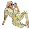 Fall Womens Two Piece Pants Set Outfits Printing Tracksuits Long Sleeve Single Breasted Shirt and Legging Bulk Item Wholesale Lots Clothing K9864-1