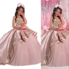 2023 Rosa Ballkleid Mädchen Pageant Kleider Spaghettiträger Prinzessin Blumenmädchenkleid Gold Pailletten Spitze Satin Applikationen Erstkommunion Kleider mit Schleife