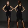 Vêtements de scène robe de danse latine femmes gland v-type maille ligne de corps entier Salsa frange Latina 2 pièces DressShorts DQ3185