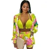 Fatos de Treino Feminino POFGD 2022 Verão Colorido Estampado Biquíni de Natação Slim Roupa de Treino 3 Peças Conjunto Plissado Chique Senhora Conjuntos Elegantes