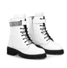 Combat Boots Women's Martin Boots Rubber Sole White Black Leather Lace-Up Caity Crystals Ankel Strap Booties Winter Fashion M￤rke