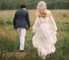 Wedding Dress 11614#White Lace Sweetheart Sweep Train Beach Bohemian Long Sleeve Strapless Gown Bridal