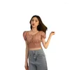 Camicette da donna Donna Retro Balletto Plaid Stampato Camicia Manica Colletto Quadrato Sexy Camicetta Corta Estate Auto-coltivazione Crop Top