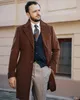 Vintermen Mens Woolen Tuxedos Overcoats Long Jacket Coffee Groom Party Prom Coat Business Wear Outfit One Piece