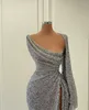 Silver Sequined Mermaid Prom Dresses Beaded High Side Split Scoop Neck Evening Wear Formal Party Gowns