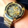 Polshorloges Forsining Men's Watch Gold Skeleton Stainless Steel Automatic Mechanical Watches Man Clocks