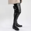 Boots Brand Knee High Pu Leather Low Heels Round Toe Pocket Påsar Kvinnors lår 2021 Autumn Winter Women Shoes T221028