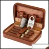 Cigar Accessories Accessoires de cigares Portable cèdre bois humidificateur en cuir Wrap étui de voyage 4 cigares boîte de stockage humidificateurs humidificateur Fo Dhi29