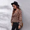 Camicette da donna Camicetta con maniche a lanterna con stampa leopardata Vita elastica con scollo a V Camicia in chiffon a maniche lunghe Abbigliamento donna Blusas De Mujer