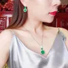 Natural Green Jade With S925 Silver Jewelry Set Ring & Earrings & Pendant Pure Chrysoprase Fine Jewelry Necklace Set