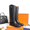 Designer Women Boots Leather Pants Knee Boot Padlock Metal Clad Wedge Almond Shaped Outlet elasticity Catwalk style Booties