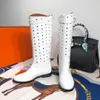 Designer Women Boots Leather Pants Knee Boot Padlock Metal Clad Wedge Almond Shaped Outlet elasticity Catwalk style Booties