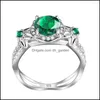 Cluster-Ringe Cluster-Ringe Silber für Frauen Echter 925er Sterling-Smaragdring mit Diamanten exquisite Blumen Boho-Gravur feiner Schmuck Dhphd