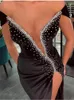 カジュアルドレス女性サマーセクシーvネックベルベットダイヤモンドクリスタルブラックマキシロングボディコンカストムドレス2022エレガントパーティーパフォーマンス