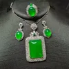 Natural Green Jade 925 Silver med Zircon Emerald Rektangel Myanmar Jadeite Pendant Halsband Dangle ￶rh￤ngen Ring Set f￶r kvinnors smycken