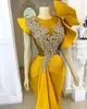 Size Arabic Plus Aso Ebi Yellow Mermaid Stylish Prom Dresses Lace Beaded Crystals Evening Formal Party Second Reception Bridesmaid Gowns Dress ZJ336