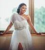 Sexy African White Wedding Dress 2023 Aso Ebi Bride Bridal Gowns One Shoulder Side Split A Line Crystal Robes De Mariee
