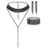 Tour de cou mousseux en forme de V strass cristal mariage boucle d'oreille collier et bracelet ensemble noir foncé