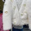 Kvinnors p￤ls 2022 Autumn Winter Women Faux Mink Coat tredimensionella blommor Kort lyx plus bomulls varm vit jacka