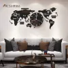 120cmパンチフリーDIYブラックアクリルワールドマップ大きな壁時計モダンデザインステッカーサイレントウォッチホームリビングルームキッチンの装飾