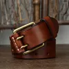 Belts 3.8cm Wide Vintage Men's Belt Cowhide Genuine Leather Copper Double Needle Buckle Handmade Jeans Fashion Male Strap