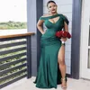 Afrikaanse groene zijde splitsen lange bruidsmeisjesjurken satijnen ruches bruidsmeisje jurk Mermaid Mermaid bruiloft Gast plus size jurken bm0199