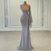 Silver Sequined Mermaid Prom Dresses Beaded High Side Split Scoop Neck Evening Wear Formal Party Gowns