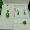 Natural Green Jade 925 Silver Inlay Emerald Zircon Dangle Water Drop Pendant Necklace Earring Rings Women Jewelry Set