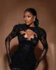 Black Girls Mermaid Prom Feathers Pearls Party Dresses Illusion Long Sleeves Custom Made Evening Dress