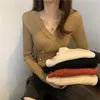 Pulôver com fivela irregular malha feminina suéter sexy decote em V outono manga longa elegante elegante chique moda feminina tops
