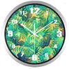 Horloges murales moderne forêt verte salon horloge silencieuse dessus en verre cadre en métal