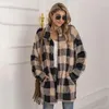 Women's Fur Long Faux Coat Women Plaid Jacket Winter Sleeve Fluffy Teddy Ladies Warm Plush Female