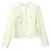Primavera girocollo in tweed tinta unita con pannelli giacca avorio in lana manica lunga bottoni cappotti classici outwear L2O262150