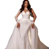 Sexy Mermaid Wedding Dress Illusion Jewel Neck Long Sleeve Lace Appliques Bridal Gowns With Detachable Train Robe De Soiree