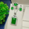 Natural Green Jade 925 Silver with Zircon Emerald Rectangle Myanmar Jadeite Pendant Necklace Dangle Marrings Ring for Women Jewelry