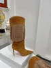 Bottes hautes en cuir givré pour femme, style européen et américain, avec pompon et strass, talon fin, nouvelle collection automne et hiver 2022