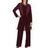 Women's Two Piece Pants Mother Of The Bride Dresses Elegant Burgundy Grey Chiffon Long Sleeves 2022 Pantsuit 3 Pieces Plus Size Wedding