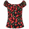 Women's T Shirts 40- Women Vintage 50s Dolores Cherry Top Sweetheart Neckline Off Shoulder Fit Camisa Campesina Crop Tops Pinup Plus Size