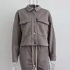 Women's Two Piece Pants Women Coat Set Solid Color Elastic Waist Casual Single-breasted Lady Outfit Drawstring Jacket Pant Suit