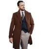 Vintermen Mens Woolen Tuxedos Overcoats Long Jacket Coffee Groom Party Prom Coat Business Wear Outfit One Piece