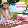 Gioca a giocattoli e cibo Set da tè per bambini 15 pezzi Set da gioco pomeridiano in latta rosa Teiere in metallo Tazze Piatti Kit principessa con custodia per il trasporto