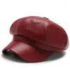 Berets 2022 Fashion Solid Color Pu кожа Sboy Cap Artist Women Корейский восьмиугольный весенний зимний повседневное регулируемое берет