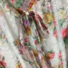 Designer Casual Dress Womens Floral Print Lace Trim Niba Placed Wave Point Dresses Stand Up Bow Tie Slim Belt Frivolous Lining Maxiskit Women Apparel 1970