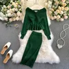 Work Dresses Spring Women Shiny Knitting Skirts Sets Ruffles Long Sleeves Wool Warm Sweater Knitted Two Pieces Set 2 Piece