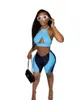 Women's Two Piece Pants Echoine Sleeveless Halter Crop Top Hollow Out Sexy Bodycon Tracksuit Fitness Yoga Biker Suit Sportwear Set