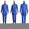 Abbigliamento etnico HD Abbigliamento africano per uomo Top Pant 2 pezzi Set tradizione ricamo camicia blu con pantaloni Rich Bazin originale