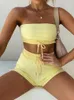 Women's Tracksuits Women Summer Crop Tops And Shorts 2 Piece Set Tracksuit Pink Yellow Strapless Clothing Casual Outfit Solid Comfort Suit