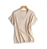 Women's T Shirts Silk Modal Blend V-neck Thread Knit Women Fashion Solid Breif Thin T-shirt Tees Short Sleeve Pink 7color One&over Size