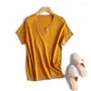 Women's T Shirts Silk Modal Blend V-neck Thread Knit Women Fashion Solid Breif Thin T-shirt Tees Short Sleeve Pink 7color One&over Size