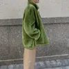 Moda de pêlo feminina Jaqueta de desgaste de dois lados Mulheres de inverno Plugue grosso quente casaco falso colar de gole de fenda solta verde